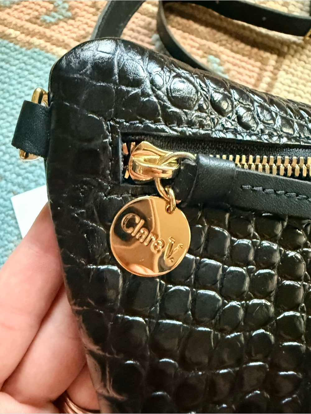 Hard to find Clare V Black Croc-Embossed Grande Fanny Bag with Gold Zipper - Picture 5 of 12